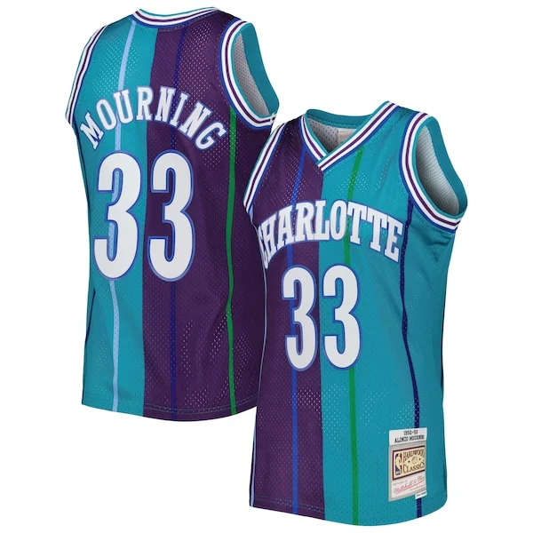 Attraente Alonzo Mourning Charlotte Hornets Hardwood Classics 1992/93 Split Swingman Jersey Teal/Purple