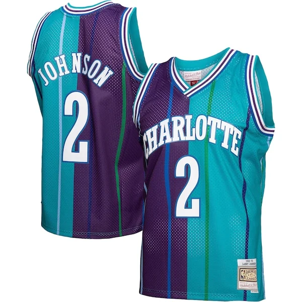 Raffinato Larry Johnson Charlotte Hornets Hardwood Classics Split Swingman Jersey Teal/Purple