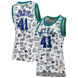 Delizioso Dirk Nowitzki Dallas Mavericks Women's 1998 Doodle Swingman Jersey White