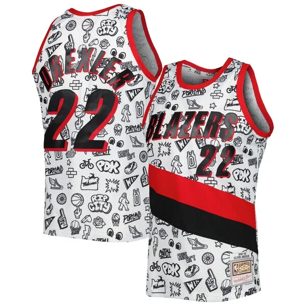 Moderno Clyde Drexler Portland Trail Blazers 1991 92 Hardwood Classics Doodle Swingman Jersey White