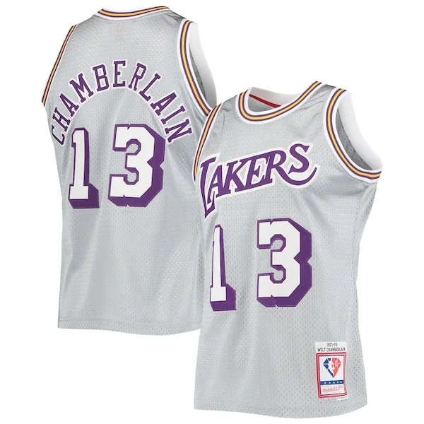 Fantastico Gorgeous Wilt Chamberlain Los Angeles Lakers 75th Anniversary 1971/72 Hardwood Classics Swingman Jersey Silver